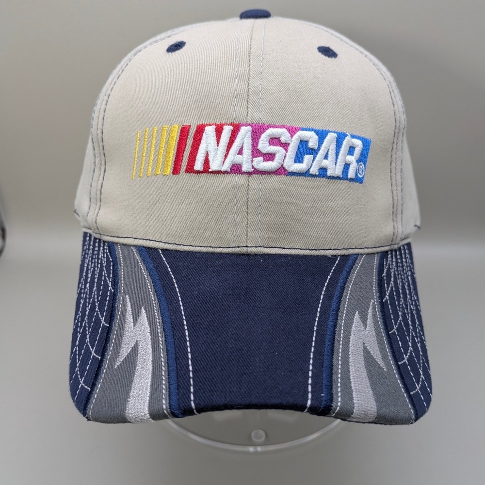 NASCAR Checkered Flag Sports Hat Tan Navy Blue Racing Baseball‎ Cap Adjustable